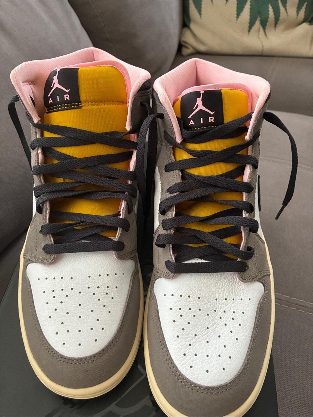 Jordan High-Top Sneakers in Pink, Yellow & Gray